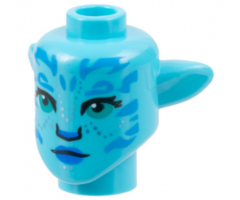 Minifigure, Head, Modified Alien Na'vi with Dark Turquoise Eyes, Dark Azure Markings, Silver Spots, Blue Lips, Neutral Pattern