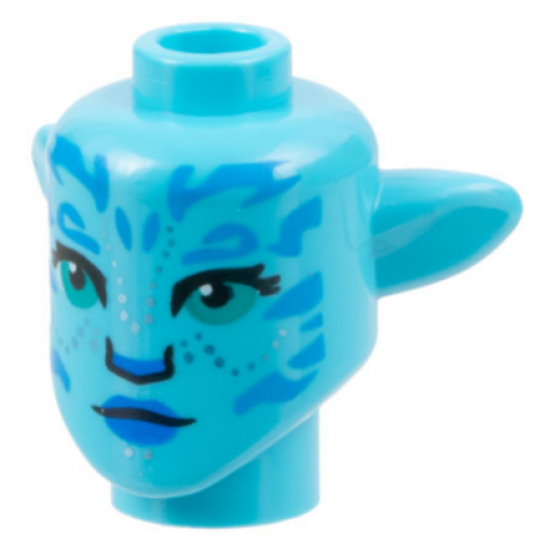 Minifigure, Head, Modified Alien Na'vi with Dark Turquoise Eyes, Dark Azure Markings, Silver Spots, Blue Lips, Neutral Pattern