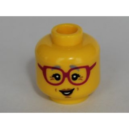 Minifigure, Head Female Glasses Dark Pink, Gray Eyebrows, Crow's Feet Pattern