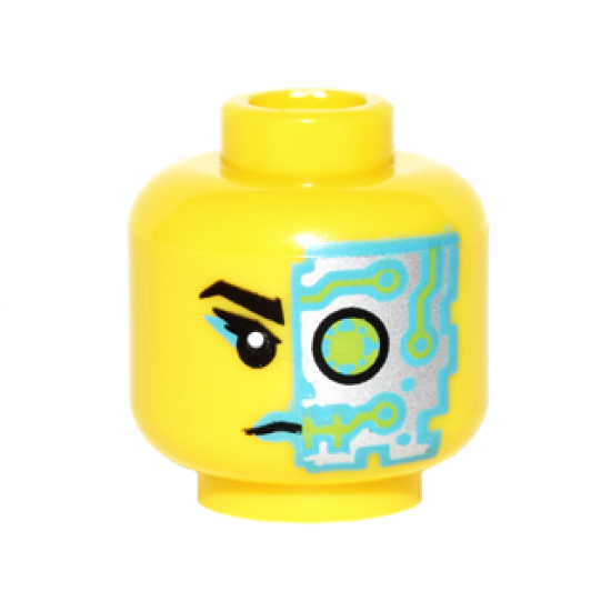 Minifigure, Head Female Black Eyebrow, Dark Azure Lips, Dark Azure and Silver Cyborg Eyepiece Pattern