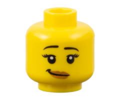 Minifigure, Head Female Black Eyebrows Raised, Eyelashes, Medium Nougat Lips, Lopsided Grin with Dimple Pattern