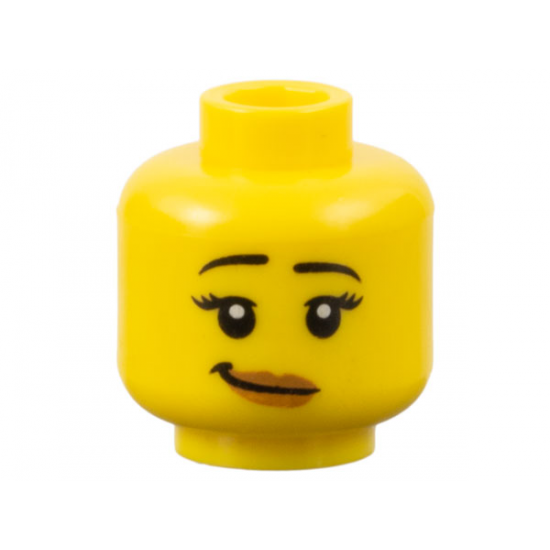 Minifigure, Head Female Black Eyebrows Raised, Eyelashes, Medium Nougat Lips, Lopsided Grin with Dimple Pattern