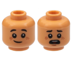Minifigure, Head Dual Sided Child, Reddish Brown Freckles, Grin / Scared Open Mouth, Black Eyebrows Rounded Ends Pattern