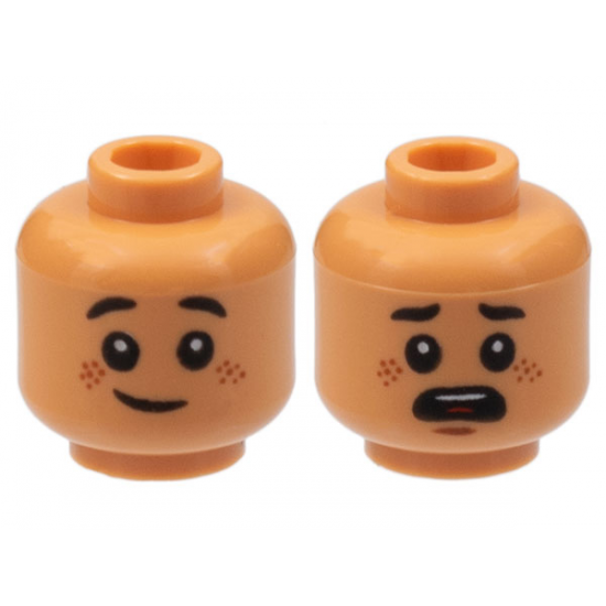 Minifigure, Head Dual Sided Child, Reddish Brown Freckles, Grin / Scared Open Mouth, Black Eyebrows Rounded Ends Pattern