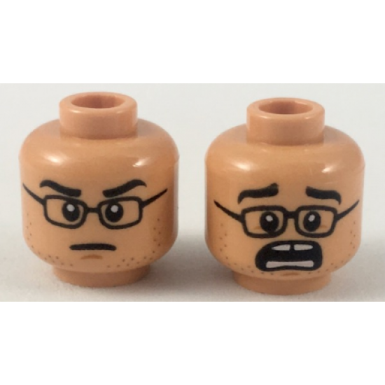 Minifigure, Head Dual Sided Black Glasses, Black Eyebrows, Neutral / Scared with Gap in Teeth Pattern