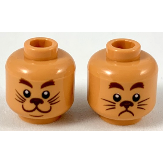 Minifigure, Head Dual Sided Reddish Brown Eyebrows, Dark Brown Nose and Whiskers, Smiling / Scared Pattern