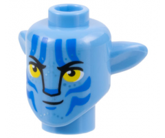 Minifigure, Head, Modified Alien Na'vi with Yellow Eyes, Silver Spots, Blue Markings, Smirk with Left Corner Lifted Pattern