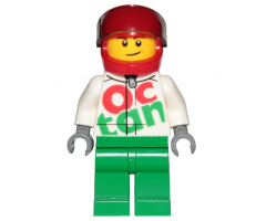 Race Car Driver, White Octan Race Suit with Silver Zipper, Red Helmet with Trans-Black Visor, Lopsided Smile