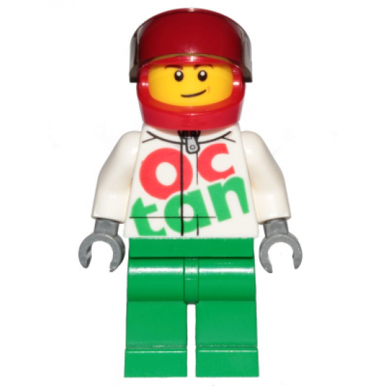 Race Car Driver, White Octan Race Suit with Silver Zipper, Red Helmet with Trans-Black Visor, Lopsided Smile
