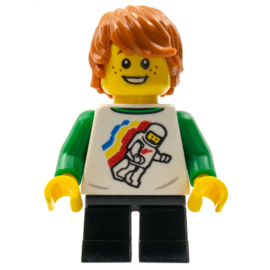 LEGOLAND Park Boy with Reddish Brown Hair, White and Green Spaceman Shirt, Black Short Legs
