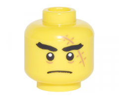 Minifigure, Head Black Thick Eyebrows, Large Medium Nougat Scar with Stitches, Closed Mouth Frown Pattern