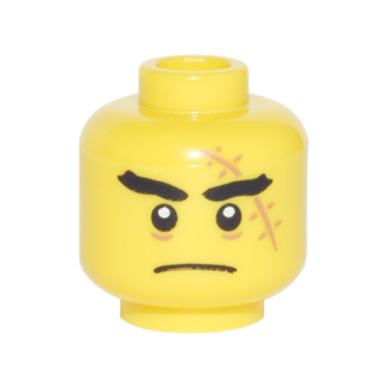 Minifigure, Head Black Thick Eyebrows, Large Medium Nougat Scar with Stitches, Closed Mouth Frown Pattern