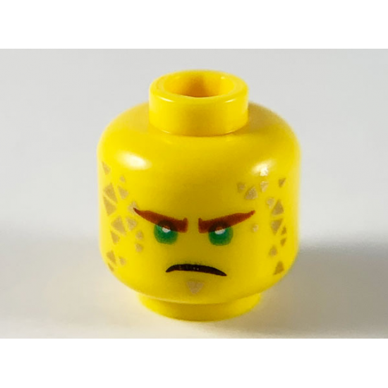 Minifigure, Head Reddish Brown Eyebrows, Green Eyes, Gold Soul Patch and Triangles, Angry Frown Pattern
