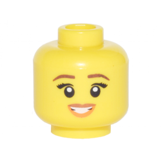 Minifigure, Head Female Reddish Brown Eyebrows, Black Eyelashes, Medium Nougat and Orange Lips, Open Mouth Smile Pattern