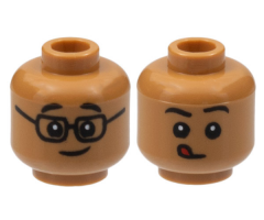 Minifigure, Head Dual Sided Child Black Eyebrows, Glasses and Grin / Closed Mouth with Red Tongue Licking Pattern