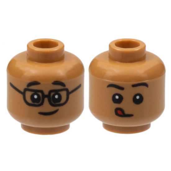 Minifigure, Head Dual Sided Child Black Eyebrows, Glasses and Grin / Closed Mouth with Red Tongue Licking Pattern