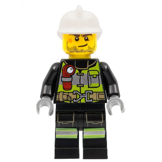 Fire - Reflective Stripes with Utility Belt and Flashlight, White Fire Helmet, Beard Stubble, Brown Eyebrows