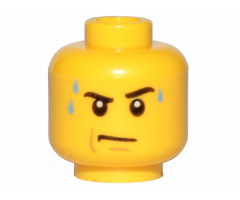 Minifigure, Head Black Eyebrows, Left Raised, Bright Light Blue Sweat Drops, Nougat Jowl Line and Chin Dimple, Stern Pattern