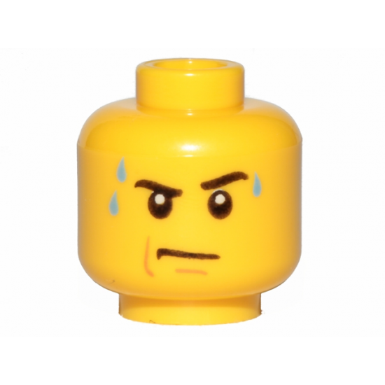 Minifigure, Head Black Eyebrows, Left Raised, Bright Light Blue Sweat Drops, Nougat Jowl Line and Chin Dimple, Stern Pattern