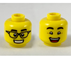 Minifigure, Head Dual Sided Black Eyebrows, Black Glasses and Smile with Teeth / Raised Eyebrows and Open Mouth Smile Pattern