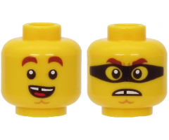 Minifigure, Head Dual Sided Reddish Brown Thick Eyebrows, Chin Dimple, Open Mouth Smile with Tongue / Angry with Black Mask Pattern