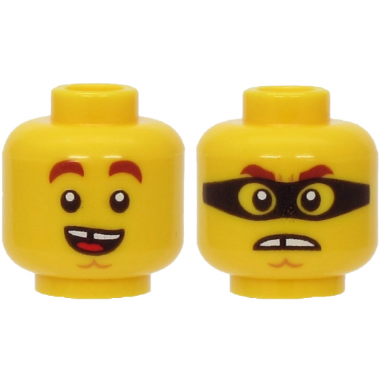 Minifigure, Head Dual Sided Reddish Brown Thick Eyebrows, Chin Dimple, Open Mouth Smile with Tongue / Angry with Black Mask Pattern