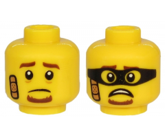 Minifigure, Head Dual Sided Brown Eyebrows and Goatee, Bandage, Sad / Scared Face with Black Mask Pattern