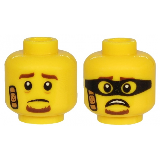Minifigure, Head Dual Sided Brown Eyebrows and Goatee, Bandage,  Sad / Scared Face with Black Mask Pattern