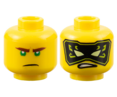 Minifigure, Head Dual Sided Reddish Brown Eyebrows, Green Eyes, Frown / Black and Lime Mask with Yellowish Green Eyes Pattern