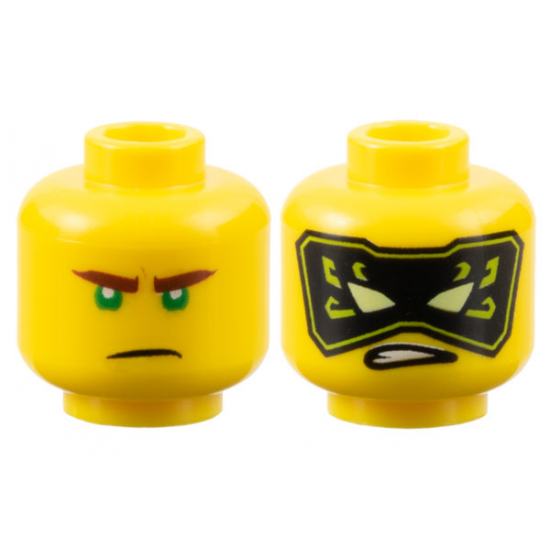 Minifigure, Head Dual Sided Reddish Brown Eyebrows, Green Eyes, Frown / Black and Lime Mask with Yellowish Green Eyes Pattern
