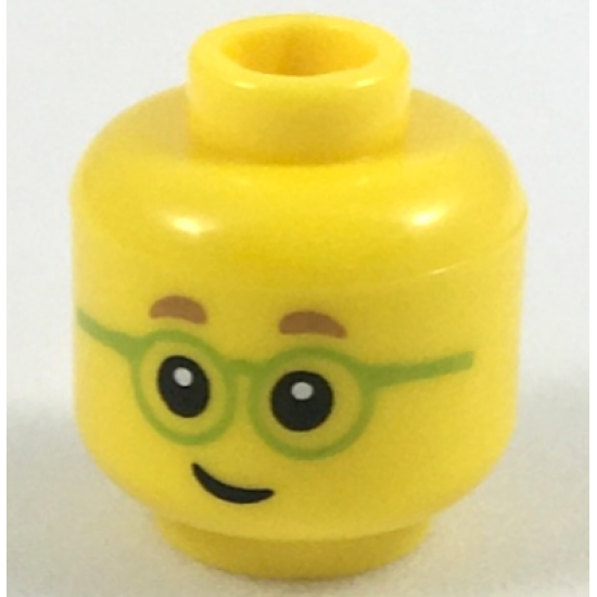 Minifigure, Head Child Medium Nougat Small Eyebrows, Lime Round Glasses, Lopsided Grin Pattern