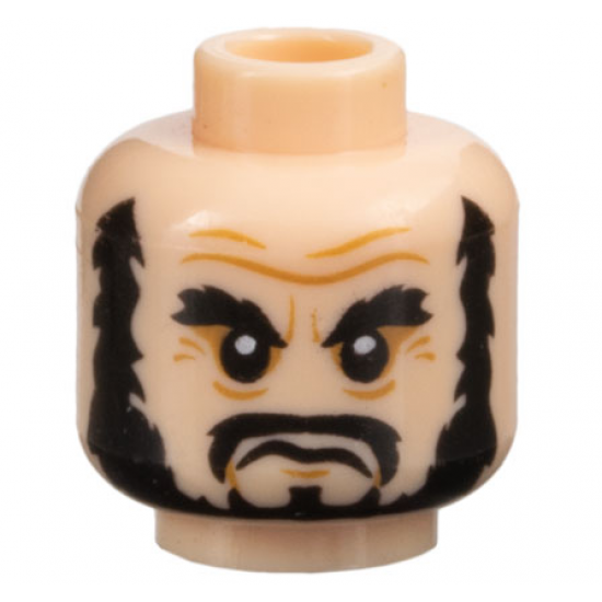Minifigure, Head PotC Black Bushy Eyebrows, Beard, and Moustache, Medium Nougat Furrowed Brow and Wrinkles, Frown Pattern