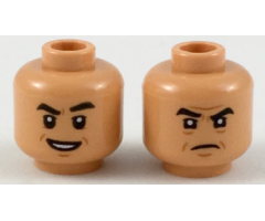 Minifigure, Head Dual Sided Black Eyebrows, Dark Orange Chin Dimple and Wrinkles, Open Mouth Smile with Teeth / Angry Frown Pattern