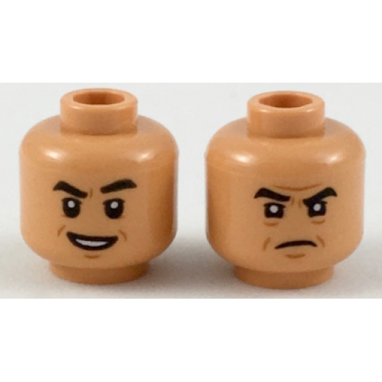 Minifigure, Head Dual Sided Black Eyebrows, Dark Orange Chin Dimple and Wrinkles, Open Mouth Smile with Teeth / Angry Frown Pattern
