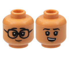 Minifigure, Head Dual Sided Child, Black Eyebrows and Eyes with White Pupils, Glasses / Smirk with Teeth Pattern
