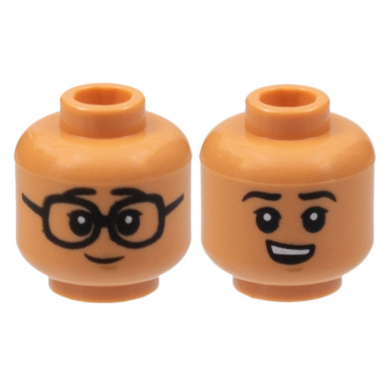 Minifigure, Head Dual Sided Child, Black Eyebrows and Eyes with White Pupils, Glasses / Smirk with Teeth Pattern