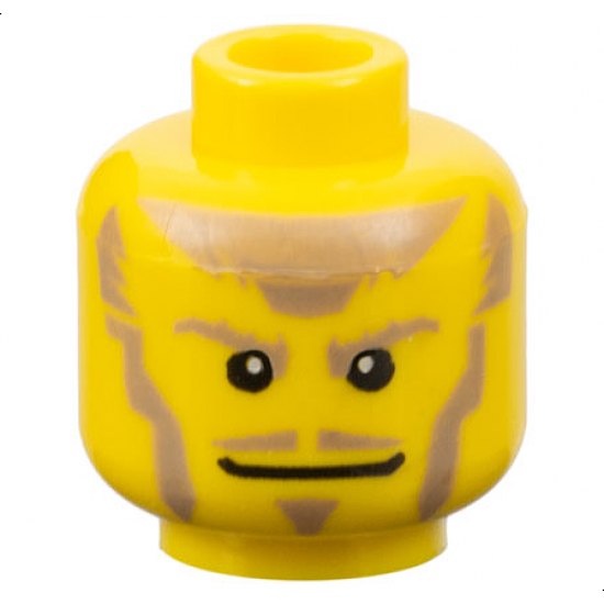 Minifigure, Head Dark Tan Eyebrows, Moustache, Soul Patch, Sideburns, and Hair, Wide Grin Pattern