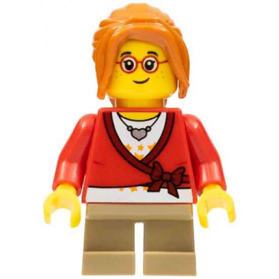 Sweater Cropped with Bow, Heart Necklace, Dark Tan Short Legs, Dark Orange Ponytail Long with Side Bangs, Freckles and Glasses