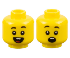 Minifigure, Head Dual Sided Child Black Eyebrows, Open Mouth Smile with Buck Teeth and Tongue / Surprised Pattern