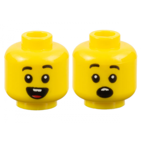 Minifigure, Head Dual Sided Child Black Eyebrows, Open Mouth Smile with Buck Teeth and Tongue / Surprised Pattern