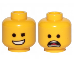 Minifigure, Head Dual Sided Winking Smile / Open Mouth Scared Pattern (Emmet)