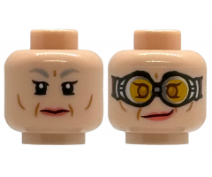 Minifigure, Head Dual Sided Female Light Bluish Gray Eyebrows, Single Eyelashes, Lower Eyelids, Medium Nougat Cheek and Jowl Lines, Coral Lips, Stern / Lopsided Grin, Silver Goggles with Bright Light Orange Lenses, Medium Nougat Eyes Pattern