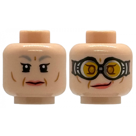 Minifigure, Head Dual Sided Female Light Bluish Gray Eyebrows, Single Eyelashes, Lower Eyelids, Medium Nougat Cheek and Jowl Lines, Coral Lips, Stern / Lopsided Grin, Silver Goggles with Bright Light Orange Lenses, Medium Nougat Eyes Pattern