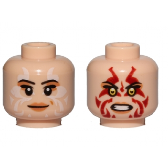 Minifigure, Head Dual Sided Female, Peach Lips, White Tribal Tattoos, Smile / Red Tribal Tattoos, Angry Pattern (SW Naare)