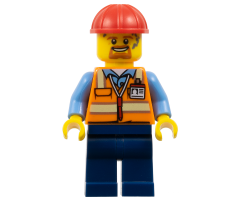 Construction Worker - Male, Orange Safety Vest with Reflective Stripes, Dark Blue Legs, Red Construction Helmet