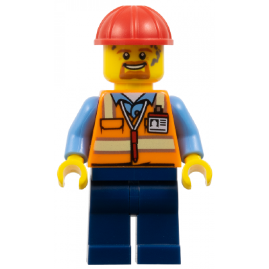 Construction Worker - Male, Orange Safety Vest with Reflective Stripes, Dark Blue Legs, Red Construction Helmet
