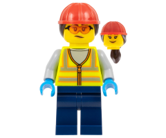 Airport Worker - Female, Neon Yellow Safety Vest with Reflective Stripes, Dark Blue Legs, Red Construction Helmet with Dark Brown Ponytail Hair, Safety Glasses