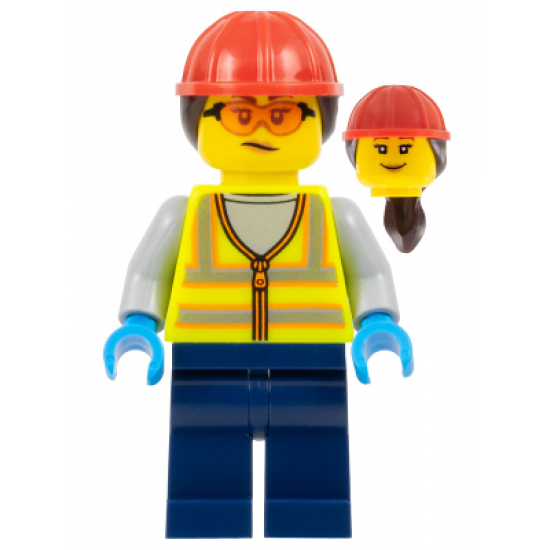 Airport Worker - Female, Neon Yellow Safety Vest with Reflective Stripes, Dark Blue Legs, Red Construction Helmet with Dark Brown Ponytail Hair, Safety Glasses