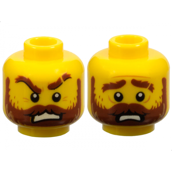 Minifigure, Head Dual Sided Reddish Brown Bushy Eyebrows, Full Beard, Moustache, Eyebrow Scar, Angry Scowl with Teeth / Worried Pattern