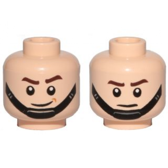 Minifigure, Head Dual Sided SW Brown Eyebrows, Black Chin Strap, Smile / Frown Pattern